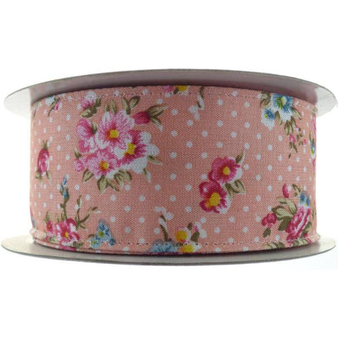 OAKTREE Vintage Flower Dot Wire Edge Ribbon Pink No.07 38x10m - Lilly Grace Crafts