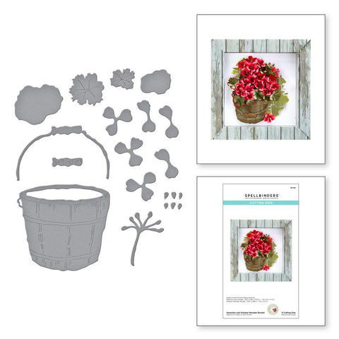 Spellbinders Geranium and Antique Wooden Bucket