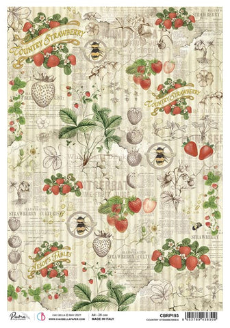 Ciao Bella Papers A4 Rice Paper x5 Country Strawberries - CBRP193 - Lilly Grace Crafts